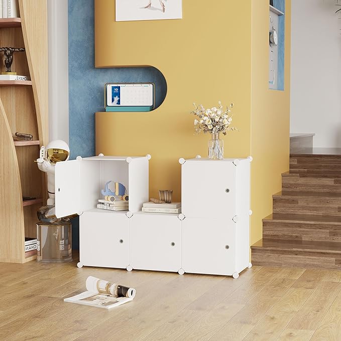 C&AHOME Cube Storage Organizer with Doors, 6-Cube Shelves, Closet Cabinet, DIY Plastic Modular Bookshelf Ideal for Bedroom, Living Room, 36.6”L x 12.4”W x 36.6”H Milky USHS3006M-DOOR - LeafyLoom