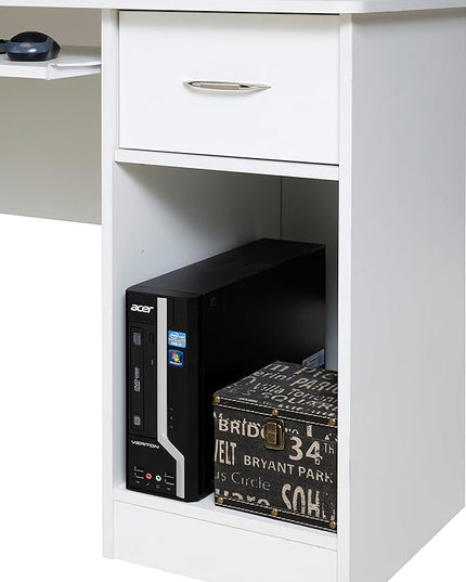 OneSpace Essential Computer Desk, Hutch with Pull-Out Keyboard, White - LeafyLoom