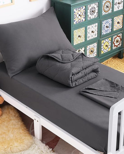NTBAY Toddler Bedding Set - 4 Piece Soft and Breathable Crib Bedding Set for Boys and Girls, Includes Quilted Comforter, Fitted Sheet, Flat Top Sheet and Envelope Pillowcase, Dark Grey - LeafyLoom