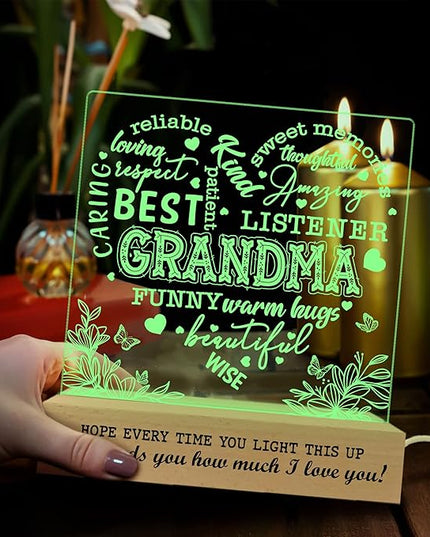 Grandma Gifts from Grandkids, Grandma Night Light, to My Grandma Lamp, Mothers Day Birthday Christmas Gifts for Grandma, Grandmother, Lamp with Wooden Base for Women, Gifts Bedroom Décor - LeafyLoom