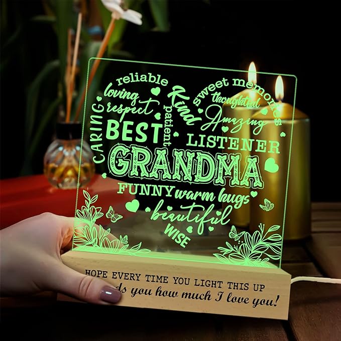 Grandma Gifts from Grandkids, Grandma Night Light, to My Grandma Lamp, Mothers Day Birthday Christmas Gifts for Grandma, Grandmother, Lamp with Wooden Base for Women, Gifts Bedroom Décor - LeafyLoom