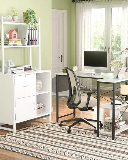 Homieasy Vertical Filing Cabinet with Lock & Charging Station, Large Drawer Wood File Cabinet with Bookshelf, Printer Stand with Open Storage Shelf, fits Letter Size for Home Office, White - LeafyLoom
