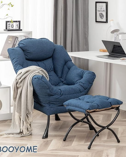 Lazy Chair with Ottoman, Modern Soft Reading Chair Accent Contemporary Lounge Leisure Sofa Chair with Armrests and a Side Pocket for Living Room, Bedroom, Dorm & Office, Dark Blue - LeafyLoom