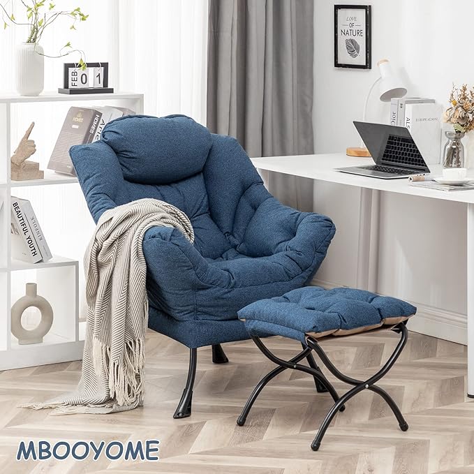 Lazy Chair with Ottoman, Modern Soft Reading Chair Accent Contemporary Lounge Leisure Sofa Chair with Armrests and a Side Pocket for Living Room, Bedroom, Dorm & Office, Dark Blue - LeafyLoom