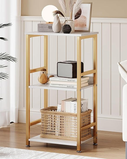 Small Bookshelf for Small Spaces, 3 Tier White and Gold Bookcase Night Stand, Narrow Gold Bedside Book Shelf, Short Bookshelf Storage Organizer for Bedroom, Living Room, Home, Office, White&Gold - LeafyLoom