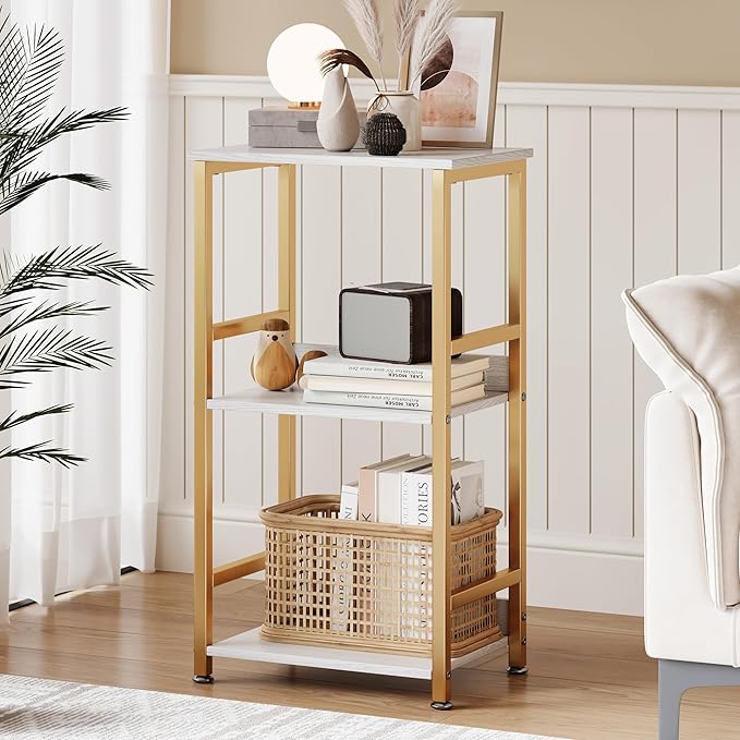 Small Bookshelf for Small Spaces, 3 Tier White and Gold Bookcase Night Stand, Narrow Gold Bedside Book Shelf, Short Bookshelf Storage Organizer for Bedroom, Living Room, Home, Office, White&Gold - LeafyLoom