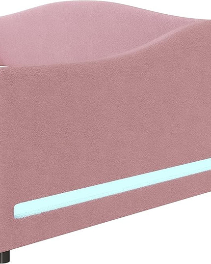 Teddy Fleece Full Size Upholstered Daybed with LED Light and Trundle,Modern Wood Platform Bed W/Side Stripes,Easy Assembly,for Bedroom,Living Room,Guestroom,Pink - LeafyLoom