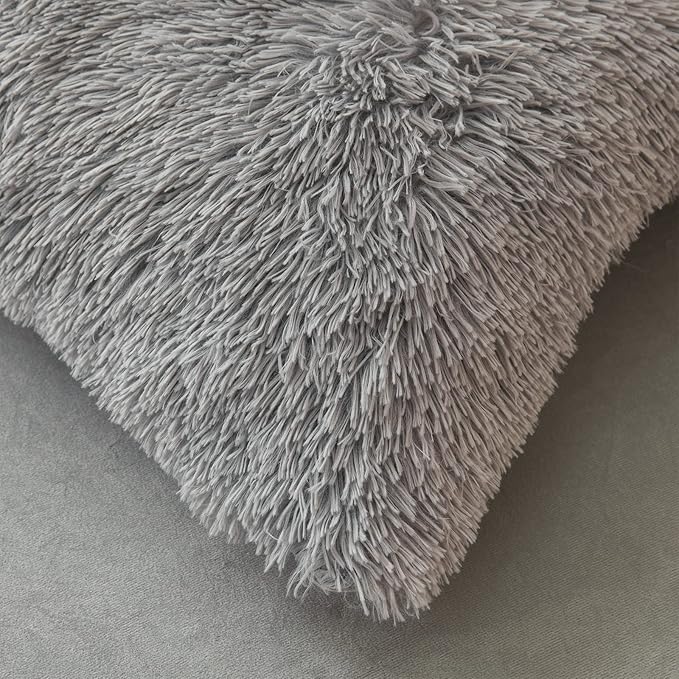 Fluffy gray comforters Cover twin size - Ultra Soft Plush gray bedding Sets 2 Pieces (1 faux fur comforter Cover + 1 fuzzy pillow case) girls shaggy gray twin bed set (Gray, Twin) - LeafyLoom