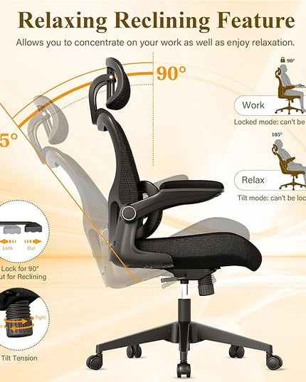 Ergonomic Mesh Office Chair, High Back Desk Chair with Adjustable Lumbar Support, Flip-Up Armrests, Headrest, Swivel Rolling Wheel, Comfy Computer Gaming Task Chairs for Adults Students (Black) - LeafyLoom