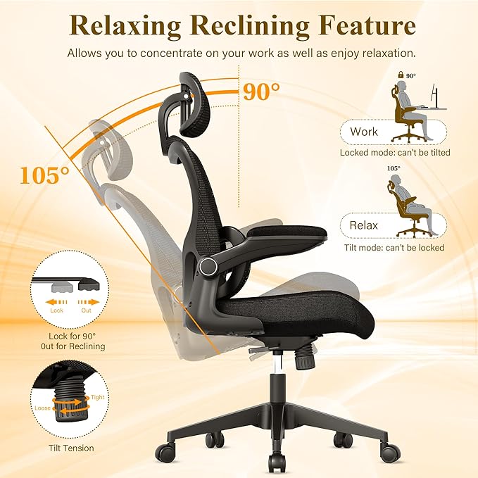 Ergonomic Mesh Office Chair, High Back Desk Chair with Adjustable Lumbar Support, Flip-Up Armrests, Headrest, Swivel Rolling Wheel, Comfy Computer Gaming Task Chairs for Adults Students (Black) - LeafyLoom