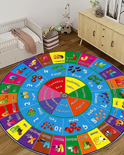 ABC Rug, ABC Play Mat for Kids Playroom, Round Alphabet Floor Mat,Classroom Elementary Preschool Rugs wtih ABC, Numbers, Animals - 78.7inch - LeafyLoom