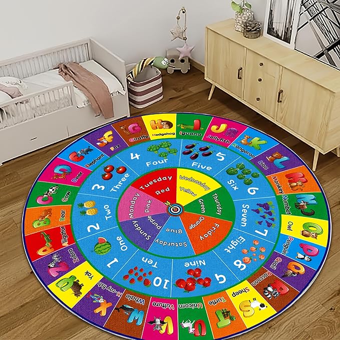 ABC Rug, ABC Play Mat for Kids Playroom, Round Alphabet Floor Mat,Classroom Elementary Preschool Rugs wtih ABC, Numbers, Animals - 47inch - LeafyLoom