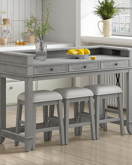 NicBex Kitchen Table Chairs Set of 4 Dining Table Set 4-Piece Dining Bar Table Set with 3 Upholstered Stools, Multifunctional Dining Table with 3 Drawers for Living Room, Gray - LeafyLoom