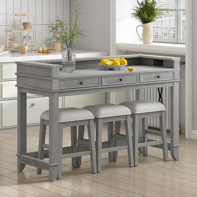 NicBex Kitchen Table Chairs Set of 4 Dining Table Set 4-Piece Dining Bar Table Set with 3 Upholstered Stools, Multifunctional Dining Table with 3 Drawers for Living Room, Gray - LeafyLoom