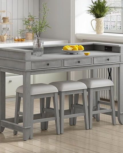 Retro Upholstered Stools, Multifunctional 3 Drawers, Easy Assembly and Clean, Room, Kitchen, Bar, Gray, 4 Piece Dining Table Set - LeafyLoom