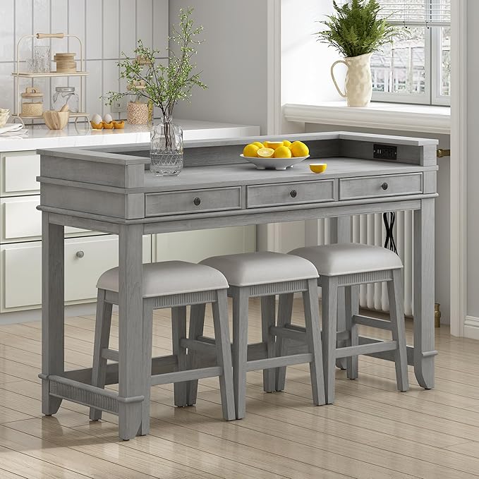 Retro Upholstered Stools, Multifunctional 3 Drawers, Easy Assembly and Clean, Room, Kitchen, Bar, Gray, 4 Piece Dining Table Set - LeafyLoom