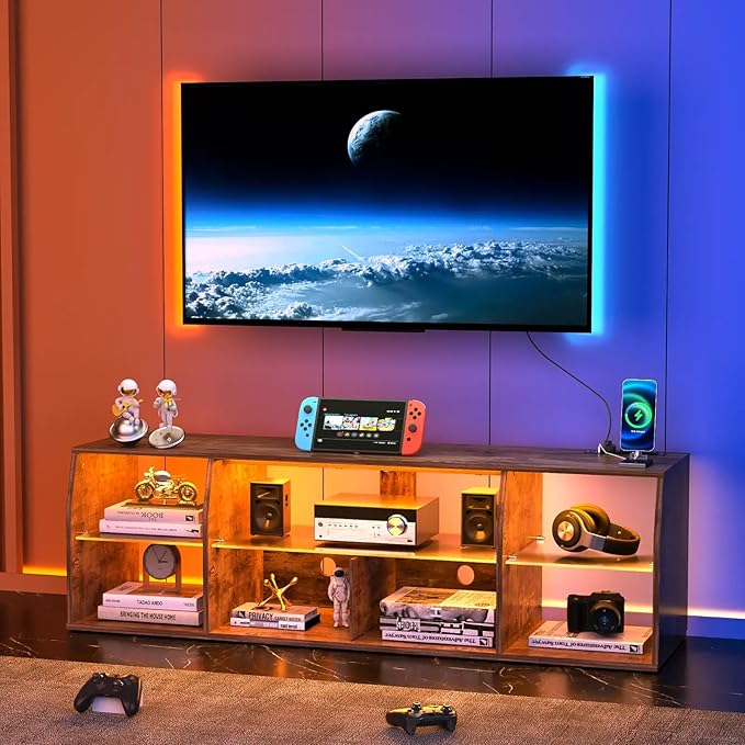 VECELO LED TV Stand with Lights & Power Outlet for 65 inch Gaming Entertainment Center with 7 Open Storage Shelves, Industrial Television Cabinet for Living Room, Bedroom, Retro Brown, 65inch - LeafyLoom