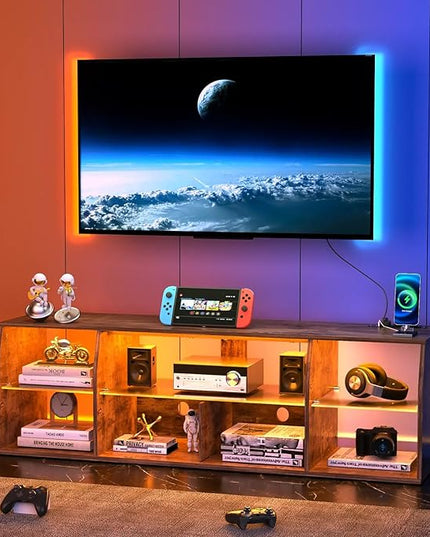 VECELO LED Gaming TV Stand with Power Outlets Television Cabinet with 7 Open Storage Shelves, Industrial Entertainment Center for Living Room and Bedroom, Light Brown, 70inch - LeafyLoom
