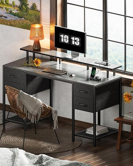 55 inch Computer Desk with 4 Drawers, Gaming Desk with LED Lights & Power Outlets, Home Office Desk with Large Storage Space for Bedroom, Work from Home, Gray - LeafyLoom