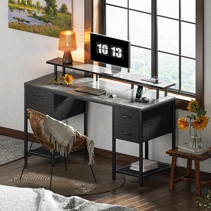 55 inch Computer Desk with 4 Drawers, Gaming Desk with LED Lights & Power Outlets, Home Office Desk with Large Storage Space for Bedroom, Work from Home, Gray - LeafyLoom