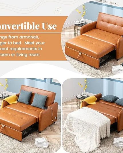 3 in 1 Convertible Sleeper Sofa, Modern Faux Leather Futon Loveseat Couch Pullout Dual USB Ports and Pillows, Love Seat Lounge Sofá Bed for Living Room Small Space, Black 51.5" - LeafyLoom