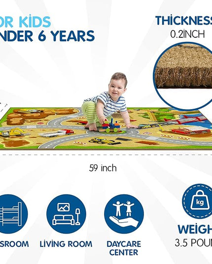 Booooom Jackson Kids Construction Site Play Rug Non-Slip Construction Vehicles Play Mat for Driving Toy Cars Daycare Nursery Preschool Playroom Kids Car Activity Carpet - LeafyLoom
