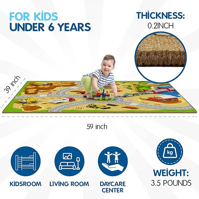 Booooom Jackson Kids Construction Site Play Rug Non-Slip Construction Vehicles Play Mat for Driving Toy Cars Daycare Nursery Preschool Playroom Kids Car Activity Carpet - LeafyLoom