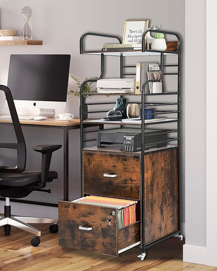 Vertical File Cabinet, 2 Drawer Mobile Filing Cabinet with 3 Bookshelf, Printer Stand with Open Storage Shelves Fits A4/Letter/Legal Size File Cabinets for Home Office Organizer, Brown - LeafyLoom