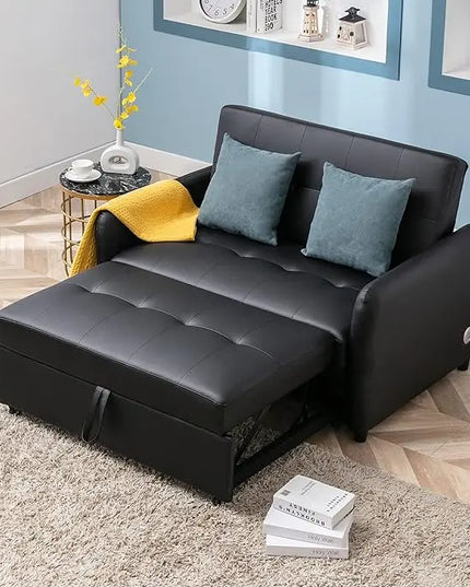 3 in 1 Convertible Sleeper Sofa, Modern Faux Leather Futon Loveseat Couch Pullout Dual USB Ports and Pillows, Love Seat Lounge Sofá Bed for Living Room Small Space, Brown 51.5" - LeafyLoom