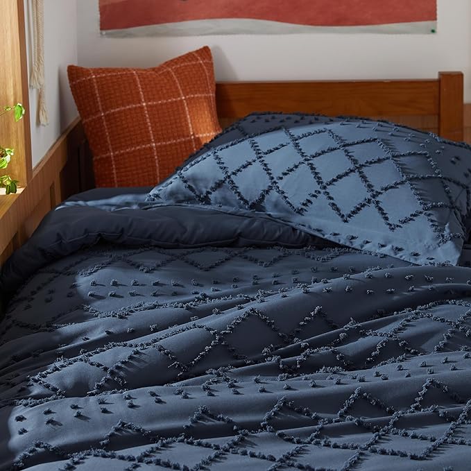 Bedsure Twin/Twin XL Comforter Set - Navy Boho Twin Extra Long Comforter Set for College, Shabby Chic Dorm Bedding Set, 2 Pieces Modern Farmhouse Bed Set, includes 1 Pillow Sham - LeafyLoom
