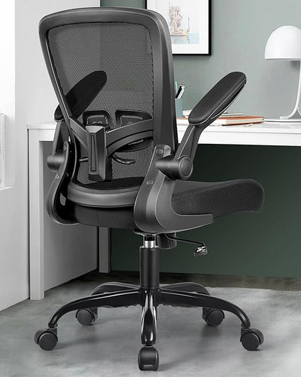 MINLOVE Office Chair Ergonomic Desk Chair with Adjustable Lumbar Support and Height, 90° Flip-up Armrests, Ergo Desk Chairs with Wheels, 360° Swivel Mesh Chair, Home Work Use (Black) - LeafyLoom