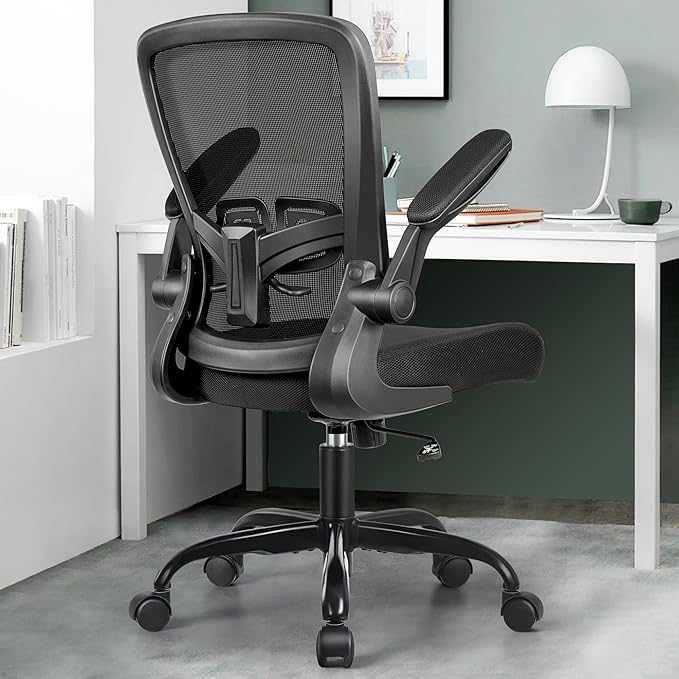 MINLOVE Office Chair Ergonomic Desk Chair with Adjustable Lumbar Support and Height, 90° Flip-up Armrests, Ergo Desk Chairs with Wheels, 360° Swivel Mesh Chair, Home Work Use (Black) - LeafyLoom