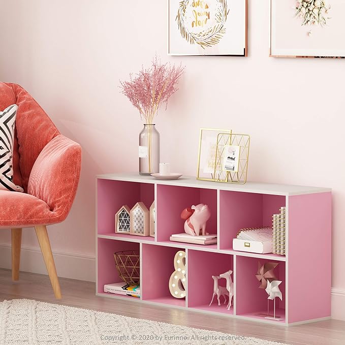 Furinno 7-Cube Reversible Open Shelf, White/Pink 11048WH/PI - LeafyLoom
