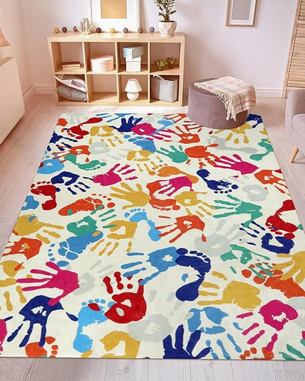Large Kids Rug for Playroom, 8'x10' Handprints and Footprints Colorful Rug for Classroom, Non-Slip Washable Rug for Nursery, Soft Throw Carpet Indoor Playmat for Kids Room Dorm Bedroom - LeafyLoom