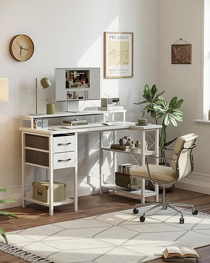CubiCubi L Shaped Computer Desk with Monitor Stand & Shelves, 47 Inch Corner Home Office Desk Writing Table with Storage Drawer, White - LeafyLoom