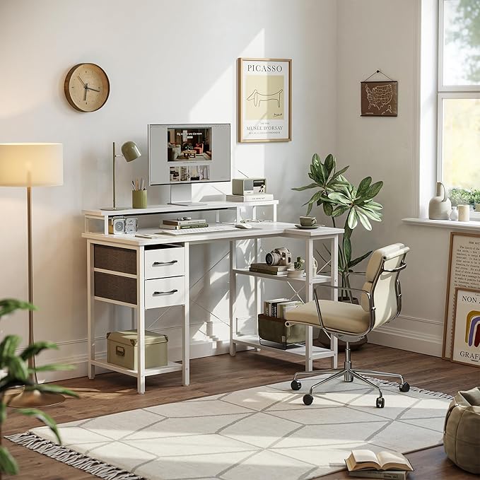CubiCubi L Shaped Computer Desk with Monitor Stand & Shelves, 47 Inch Corner Home Office Desk Writing Table with Storage Drawer, White - LeafyLoom