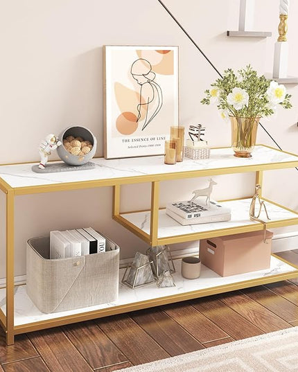 Function Home TV Stand for TVs up to 55 Inch, 3 Tier Entertainment Center, Media Console with Open Storage Shelves for Living Room Bedroom, 47” Modern TV Table with Faux Marble Top Gold Metal Leg - LeafyLoom