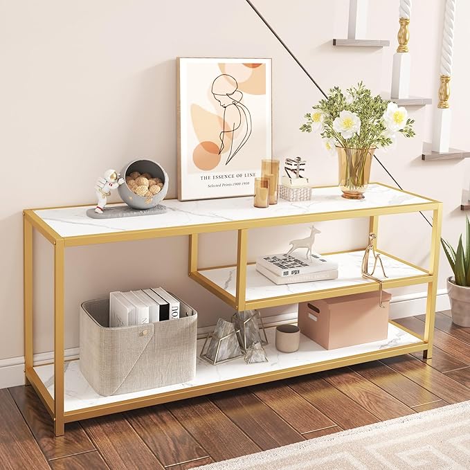 Function Home TV Stand for TVs up to 55 Inch, 3 Tier Entertainment Center, Media Console with Open Storage Shelves for Living Room Bedroom, 47” Modern TV Table with Faux Marble Top Gold Metal Leg - LeafyLoom