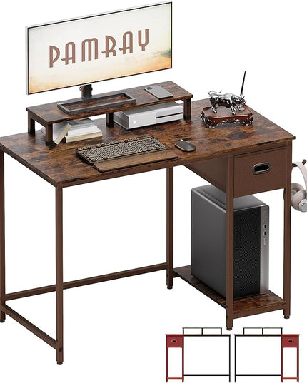 Pamray 39 Inch Computer Desk with Monitor Stand Small Home Office Desks with Non-Woven Storage Drawer for Bedroom Study Table Writing and Work Desk Vintage,Brown Leg - LeafyLoom