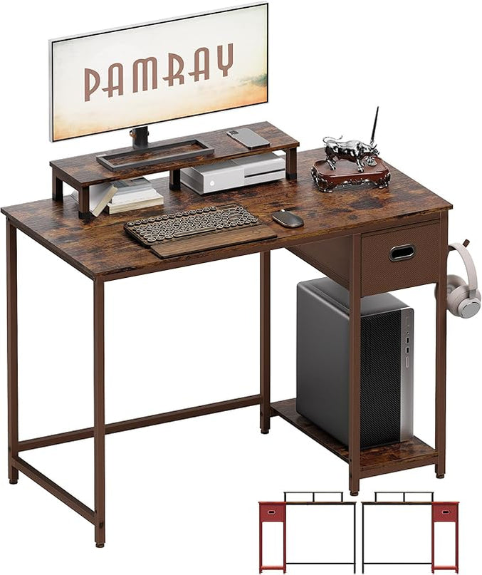 Pamray 39 Inch Computer Desk with Monitor Stand Small Home Office Desks with Non-Woven Storage Drawer for Bedroom Study Table Writing and Work Desk Vintage,Brown Leg - LeafyLoom