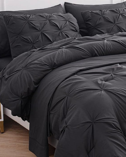 LANE LINEN California King Comforter Set, 7 Piece Cal King Bed in a Bag, Pintuck Cal King Bedding Set, Soft Cali King Bed Set, Cal King Bedding Comforter Sets with Sheets, Pillowcases & Shams - Grey - LeafyLoom