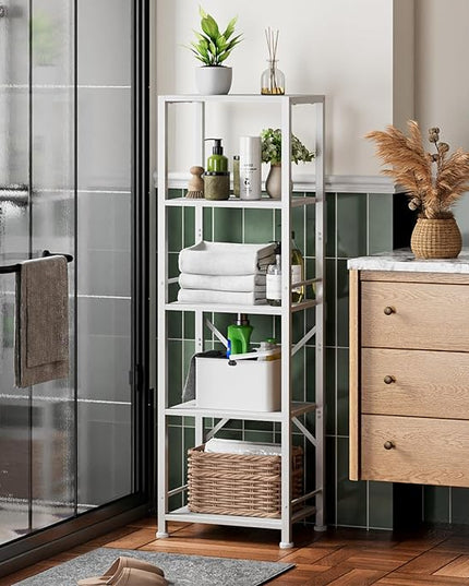 Furologee White Bookshelf 5 Tier Bookcase, Tall Narrow Bookshelves, Modern Freestanding Shelf Units, Metal and Wood Display Storage Corner Shelves Organizer for Bedroom, Living Room, Office, Bathroom - LeafyLoom