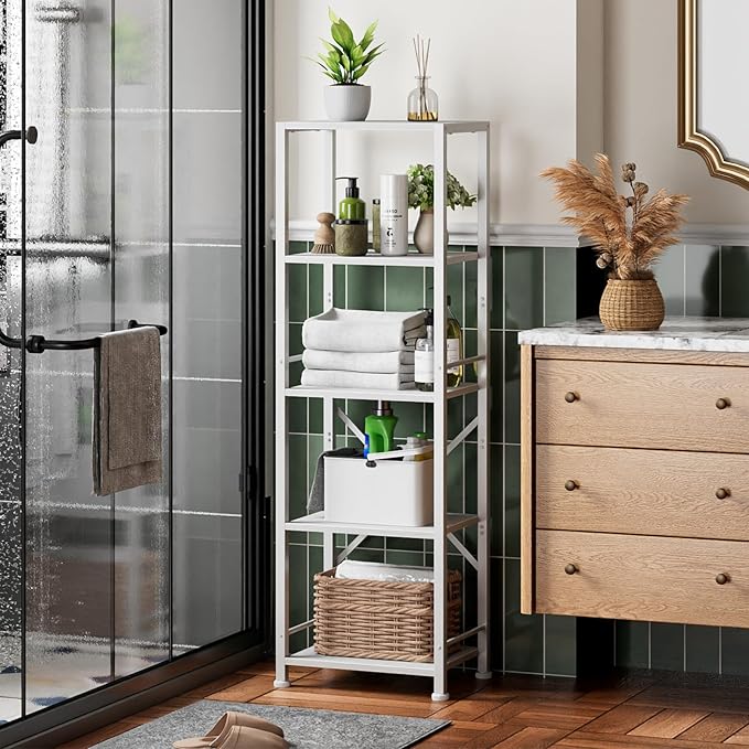 Furologee White Bookshelf 5 Tier Bookcase, Tall Narrow Bookshelves, Modern Freestanding Shelf Units, Metal and Wood Display Storage Corner Shelves Organizer for Bedroom, Living Room, Office, Bathroom - LeafyLoom