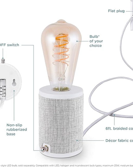 Enbrighten Anywhere Lamp, Lamp for Bedroom, Table, Bedside, Night Stands, Wall Mount, Designer Fabric Base with 6 Ft Braided Cord, Bulb Not Included, Gray, 46177 - LeafyLoom
