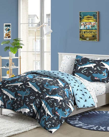 dream FACTORY Kids 7-Piece Complete Set Easy-Wash Super Soft Microfiber Comforter Bedding, Full, Blue Sharks - LeafyLoom