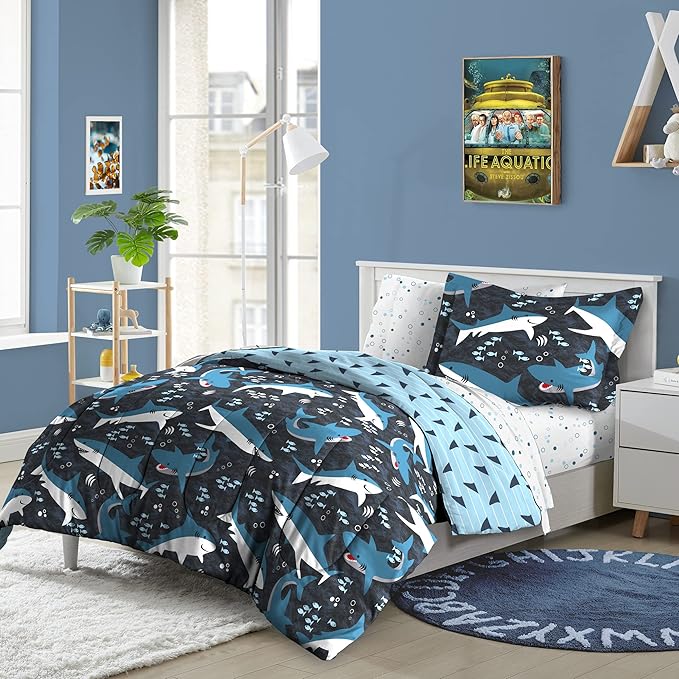 dream FACTORY Kids 7-Piece Complete Set Easy-Wash Super Soft Microfiber Comforter Bedding, Full, Blue Sharks - LeafyLoom