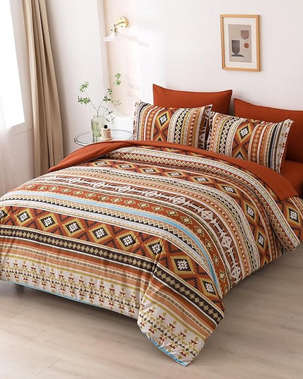 Dinjoy Queen Size Comforter Set Boho,Burn Orange Bed in a Bag Queen Striped Bedding Sets Terracotta Western Comforters with Sheets 7 Pieces Complete Set Aztec for All Seasons 90"x90" - LeafyLoom