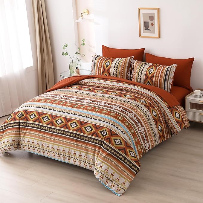 Burn Orange/Terracotta Comforter Set King, Boho Bed in A Bag King Size 7 Pieces Aztec Striped Bedding Set for Women Men Geometric Bohemian Complete Set (90"×104") - LeafyLoom