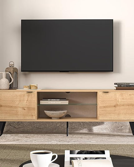Atelier Mobili Mid Century Modern TV Stand 75 inch | Farmhouse Entertainment Center with Storage | TV Stand for 75 Inch TV | Oak TV Stand for Living Room Entertainment Center for Bedroom TV Stand - LeafyLoom