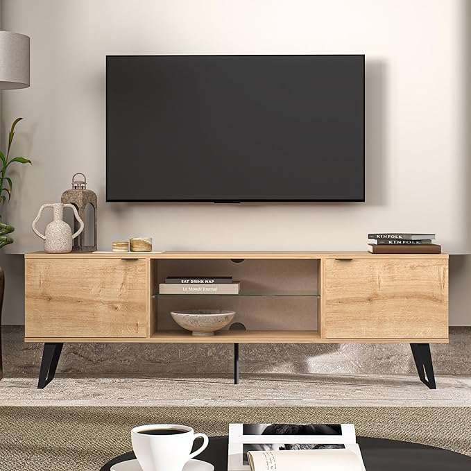 Atelier Mobili Mid Century Modern TV Stand 75 inch | Farmhouse Entertainment Center with Storage | TV Stand for 75 Inch TV | Oak TV Stand for Living Room Entertainment Center for Bedroom TV Stand - LeafyLoom